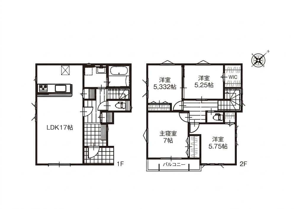 越谷市下間久里いろどりアイタウン１号棟　新築戸建の間取り|部屋数豊富で使い道が広がる4LDK。お子様それぞれの個室や書斎、客間までしっかり確保できる間取りです。