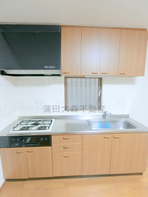 大森北4丁目戸建のキッチン|グリル付き３口ガスコンロのシステムキッチン