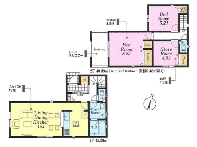 【間取り】 | 新座市野寺1丁目　新築一戸建住宅　全5棟　(保谷店) | 5号棟/18帖の広々LDKは南窓・三面採光で陽当たり良好！
水回りが集中しており、家事の移動時間を短縮できます。