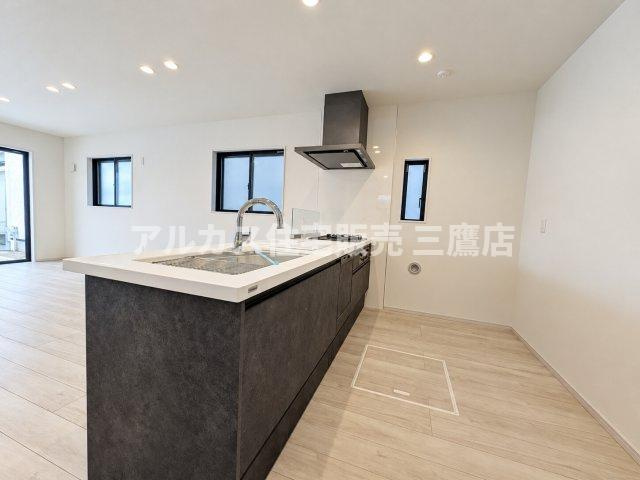 小平市学園東町3丁目　西武多摩湖線　一橋学園駅　新築戸建のキッチン|フラットなワークトップで使い勝手が良く、お掃除もしやすいデザインです。