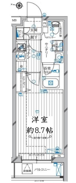 レガリス蒲田の間取り|西向きバルコニー洋室8.7帖の1Kバストイレ別独立洗面台