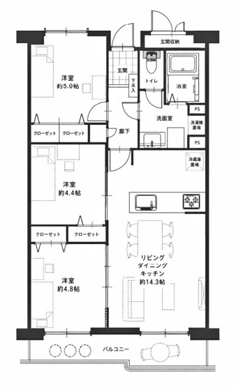 【間取り】 | ハイム伏見B棟 | 専有面積64.51㎡