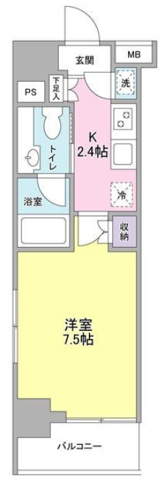 プレディアスタイル池上南WESTの間取り|南向きバルコニー南西角部屋の1K洋室7.5帖バストイレ別独立洗面台
