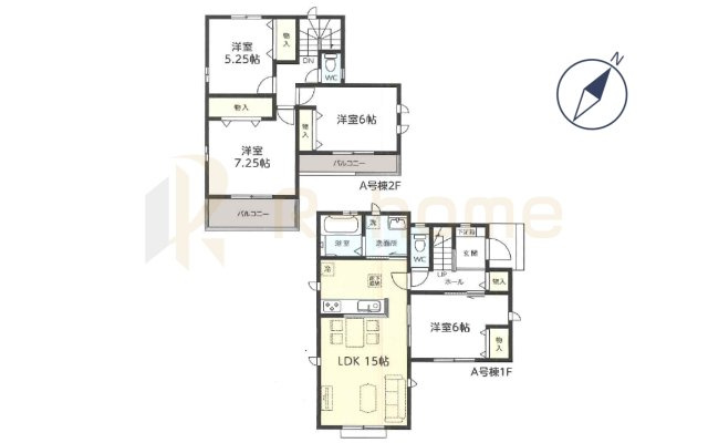 つくば市花畑3丁目　新築戸建て　A号棟の間取り|4LDK＋全居室収納、土地面積126.73m2、建物面積94.81m2