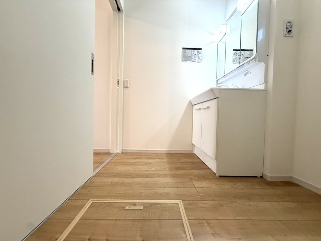 越谷市下間久里３期クラフトピット　新築戸建の脱衣所|家事動線が考慮された使いやすい脱衣所。脱衣から洗濯までの流れがスムーズです。