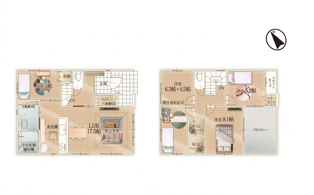 越谷市三野宮１期リガーレ　新築戸建の間取り|部屋数豊富で使い道が広がる4LDK。お子様それぞれの個室や書斎、客間までしっかり確保できる間取りです。