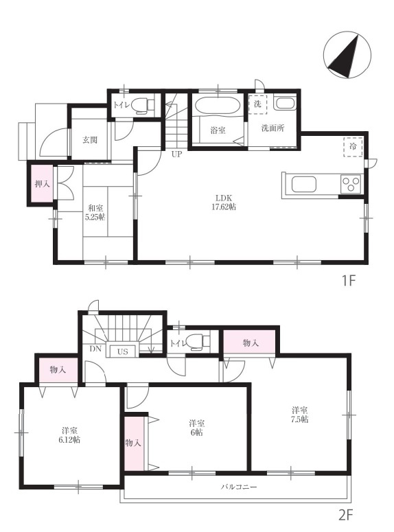 入間市久保稲荷5丁目　中古一戸建　～北西角地～の間取り|リビング階段LDK17.6帖、主寝室7.5帖、室内に明るい日差しが差し込む全室南向きの4LDK。