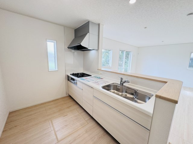 松戸市六実５丁目新築戸建（六実第12）のキッチン|広々システムキッチン・シンクの水栓には浄水器がついてます！