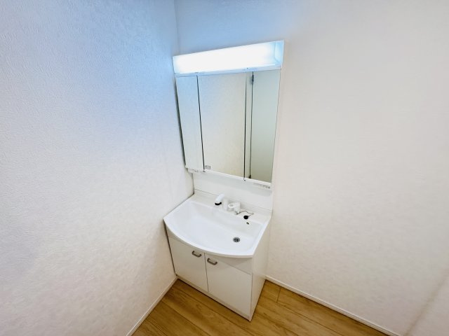 松戸市六実５丁目新築戸建（六実第12）の独立洗面台|シャワーヘッド付き三面鏡洗面化粧台