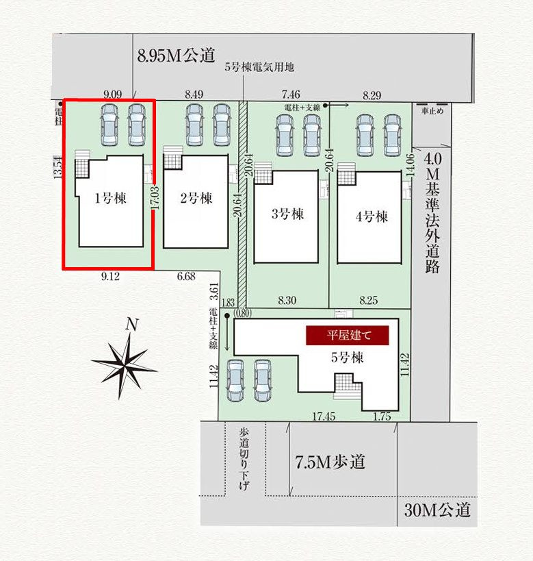郡山市日和田町字南原　　　1号棟　　　日和田小学校、日和田中学区の区画図