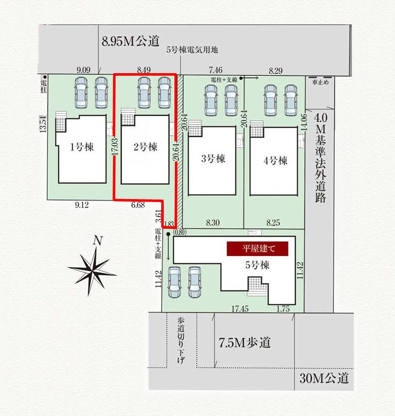 郡山市日和田町字南原　　　2号棟　　　日和田小学校、日和田中学区の区画図