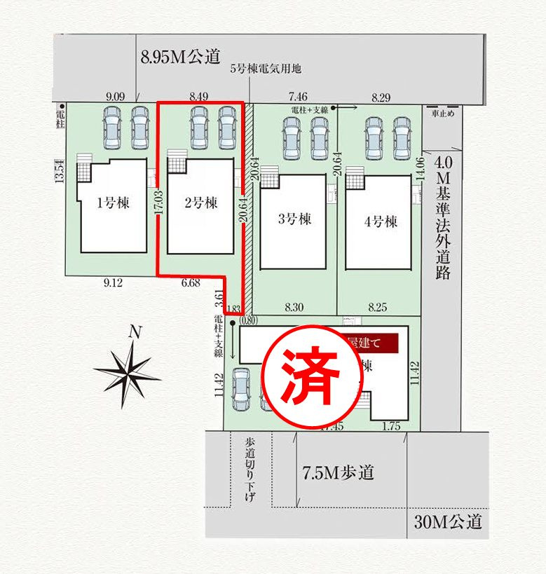 郡山市日和田町字南原　　　2号棟　　　日和田小学校、日和田中学区の区画図