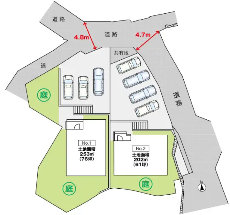 カーサ・ヴェルディ新築戸建て亀山４丁目No.8B-2の区画図|2物件の区画図面です。８B-2は並列駐車４台可です！