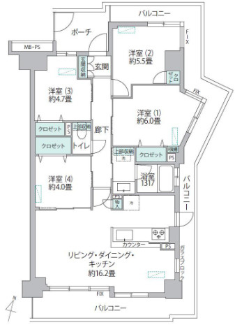 グランドール北大阪の間取り|◆専有面積：78.20㎡、三方角部屋、4LDK、LDKは約16.2帖！