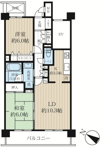 セザール浦和領家の間取り|61.95㎡(壁芯)の2LDK。和室はリビングからひとつづきのお部屋としてもご使用いただけます。
単身やご夫婦、小さなお子様のいらっしゃるご家庭へもおすすめです。