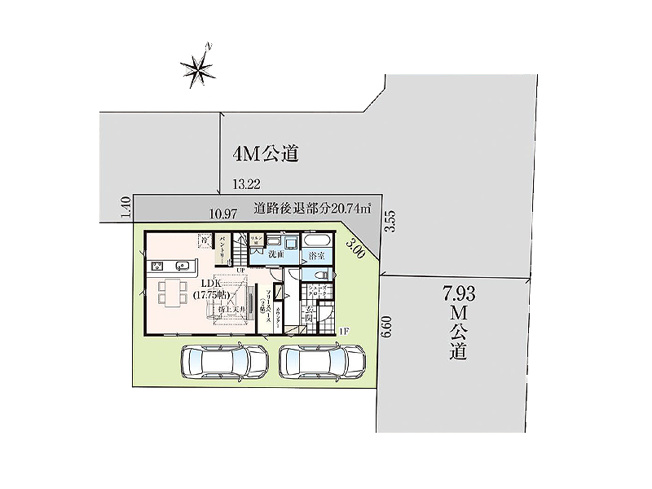 【区画図】 | 入間郡三芳町北永井　新築一戸建住宅　全1棟　(ふじみ野店) | 東角地×カースペース2台分！ゆとりある敷地で快適な暮らし