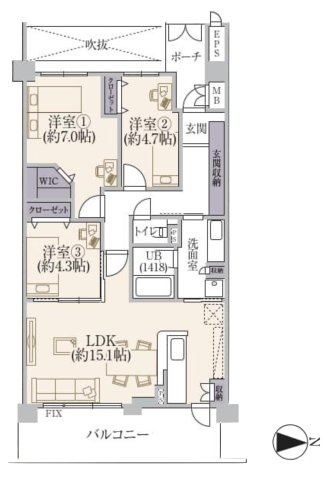 プライムコート関目パーク・ホームズの間取り|中古マンション　3LDK　専有面積：77.58平米　バルコニー面積：14.00平米　東向き