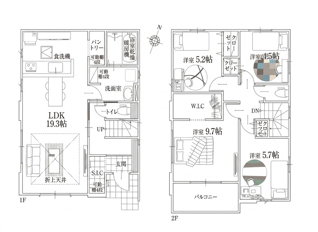 越谷市千間台西３１期　新築戸建の間取り|部屋数豊富で使い道が広がる4LDK。お子様それぞれの個室や書斎、客間までしっかり確保できる間取りです。