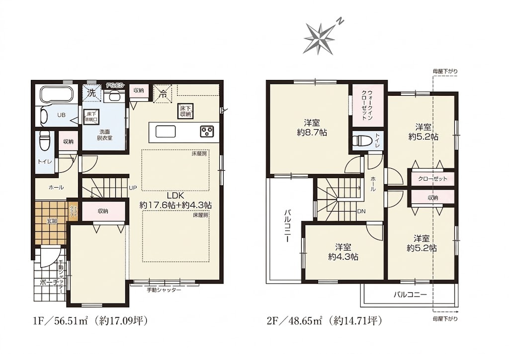 越谷市千間台東１１期　新築戸建の間取り|部屋数豊富で使い道が広がる4LDK。お子様それぞれの個室や書斎、客間までしっかり確保できる間取りです。