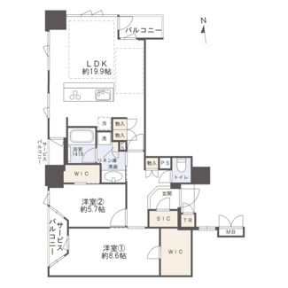 【間取り】 | ブランズタワー谷町四丁目 | 【間取り】80㎡超え2LDK北西角部屋！眺望、開放感◎
※家具を消す加工をしております