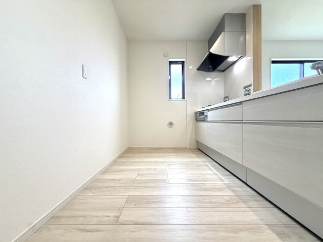 越谷市大竹２期１号棟　新築戸建のキッチン|背面にゆとりがあり家電も置きやすいキッチンスペース。ゴミ箱や買い置きの保管にも困らない広さです。