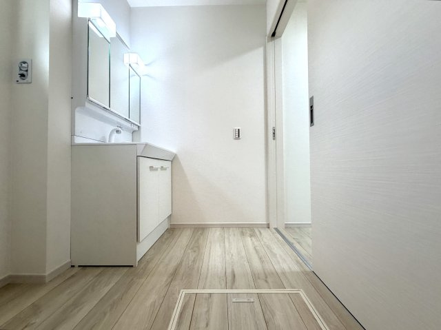 越谷市大竹２期１号棟　新築戸建の脱衣所|家事動線が考慮された使いやすい脱衣所。脱衣から洗濯までの流れがスムーズです。
