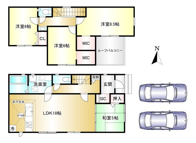 橿原市新口町　第1期　全2棟の間取り|4LDK　土地面積：127.78ｍ2　建物面積：105.99ｍ2　駐車2台可