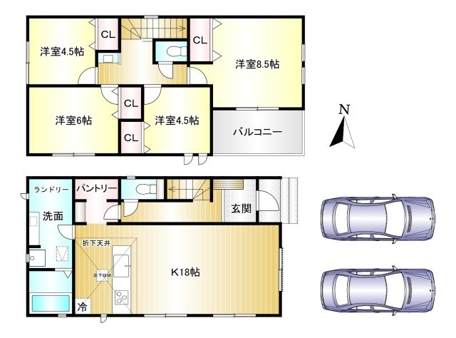 橿原市新口町　第1期　全2棟の間取り|4LDK　土地面積：127.77ｍ2　建物面積：105.98ｍ2　駐車2台可