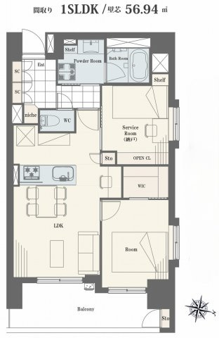 ダイアパレスグランデージ板橋の間取り|1SLDK 専有面積56.94m2 バルコニー面積8.56m2