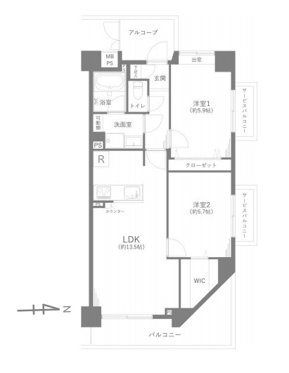 マノー大宮の間取り|【マノー大宮】・2LDK・専有面積59.52m2・バルコニー面積8.76m2
