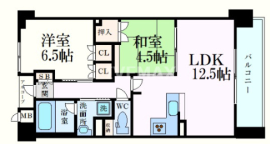 洋室6.5帖、和室4.5帖、LDK12.5帖の2LDK