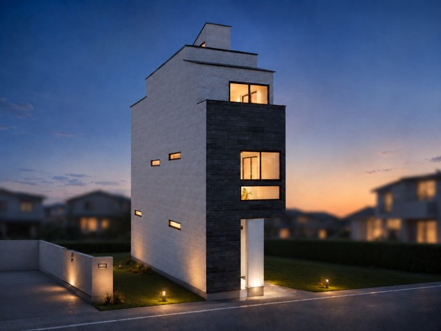 【外観パース】 | 世田谷区三軒茶屋２丁目　新築戸建て | 【パース】夕闇に美しい光が灯る、スタイリッシュな邸宅誕生