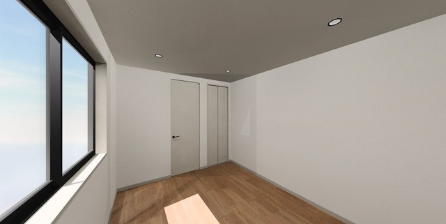 【洋室】 | 世田谷区三軒茶屋２丁目　新築戸建て | 【パース】木の温もりと開放感に満ちたモダンで落ち着きある洋室