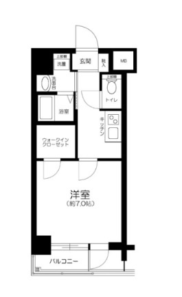 エステムプラザ蒲田TAKARABUNEの間取り|洋室7帖ウォークインクローゼット付きの1Kバストイレ別独立洗面台　