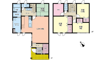 【間取り】 | 佐伯区屋代3丁目（山陽女学園電停）【新築未入居】 | 18帖の広々LDKに隣接する和室を開放すれば大空間に。玄関のSIC、キッチン近くのランドリールームなど、家事動線と収納力に配慮された4LDK。2階にはWIC付の7帖主寝室や各室クローゼットを備えます。