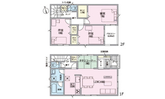 【間取り】 | 大竹市小方1丁目【全4区画】No１　 | 16帖のLDKに3帖のタタミコーナーが隣接し、開放感のある1階フロア。2階は全居室6帖以上を確保し、7帖の主寝室に1.5帖のウォークインクローゼットを完備。通風・日当たりにも配慮されています。