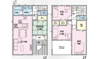 【間取り】 | 廿日市市大野字対厳山（前空駅）最終1棟 | 16帖のLDKに4.5帖の洋風和室が隣接する4LDK。2階には2帖のWICや全居室収納、インナーバルコニーを配置。1階・2階の双方にトイレを備えた生活動線に優れた間取りです。