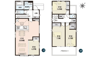 【間取り】 | 廿日市市福面2丁目（全2区画）No3 | 18.06帖の広々としたLDKに、リビング隣接の洋室を含む4LDKの戸建プラン。全居室に収納があり、2FにはWICや廊下収納を配置。南向きのバルコニーに面した明るい設計が魅力です。