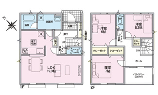 【間取り】 | 安佐北区亀山8丁目（全2区画）No１ | 開放的な19.3帖のLDKを中心に、全居室にクローゼットを備えた4LDKの間取り。1階の廊下や階段下、玄関、床下など、随所に配置された豊富な収納スペースが日々のすっきりとした暮らしを支えます。