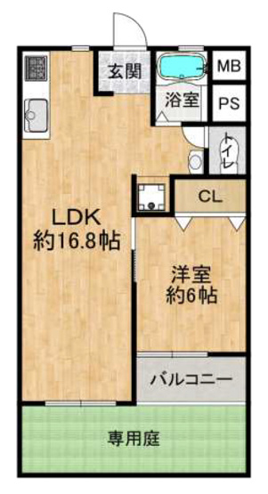 【間取り】 | 長居第2コーポラス | 【1LDK＋専用庭付】室内水廻り設備一新！全面リフォーム済み☆ゆとりの一人暮らし、仲良く二人暮らしにおススメです♪