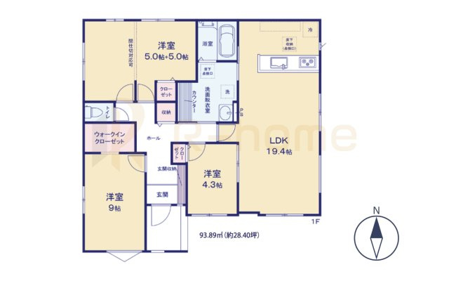 かすみがうら市下稲吉14期　新築戸建て　1号棟の間取り|3LDK＋WIC、土地面積297.96m2、建物面積93.89m2