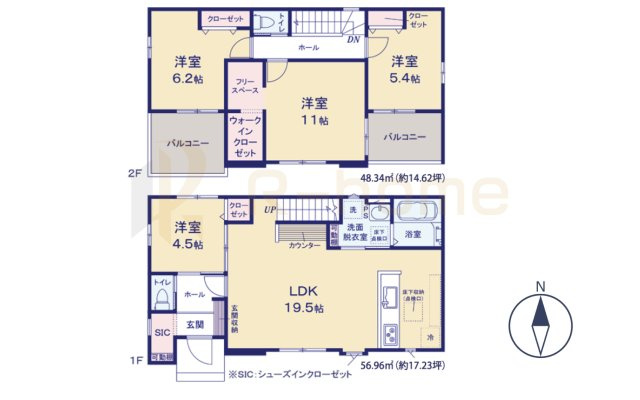 かすみがうら市下稲吉14期　新築戸建て　2号棟の間取り|4LDK＋WIC＋SIC＋フリースペース、土地面積201.24m2、建物面積105.30m2