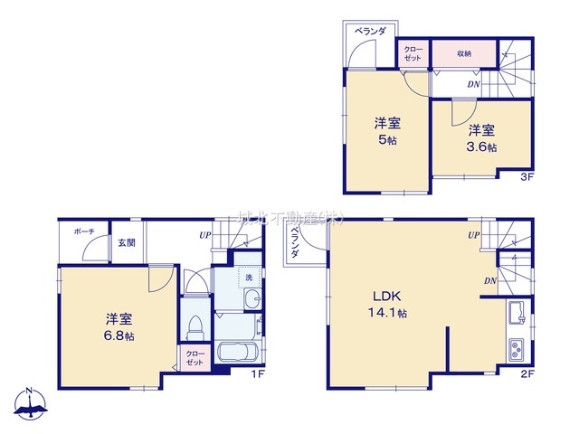 杉並区桃井4丁目 中古戸建の間取り|土地面積/48.27㎡建物面積72.05㎡の3LDKの新築戸建。
西側3.3ｍ私道に面する戸建て