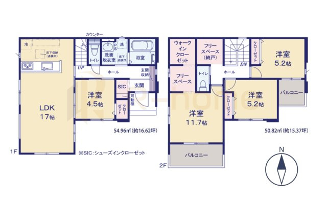 かすみがうら市下稲吉14期　新築戸建て　3号棟の間取り|4LDK＋WIC＋SIC＋フリースペース、土地面積163.72m2、建物面積105.78m2