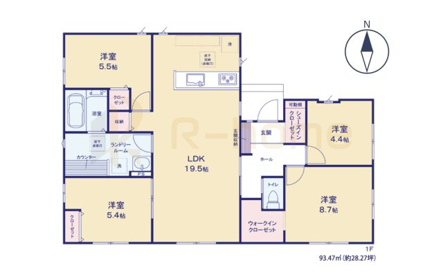 かすみがうら市下稲吉14期　新築戸建て　4号棟の間取り|4LDK＋WIC＋SIC、土地面積336.04m2、建物面積93.47m2