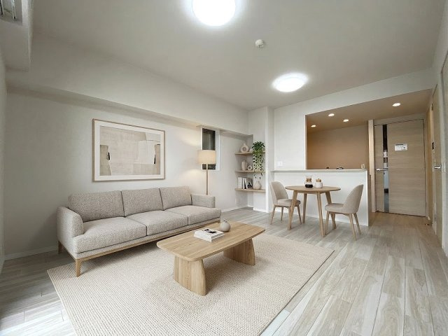 グランビュースクエアの居間・リビング|リビング14.5帖。広々とした空間です。ご家族でゆったりと過ごせる開放的なリビングダイニングキッチンで、お食事や団らんの時間を心地よく過ごせる使い勝手の良いレイアウトです。（家具CG）