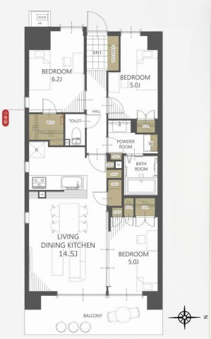 グランビュースクエアの間取り|3LDK 専有面積70.11m2 バルコニー面積9.81m2　各居室に収納を備えた機能的なレイアウトで、ファミリーライフにもぴったりの生活動線に配慮された安心の居住空間を提供します。