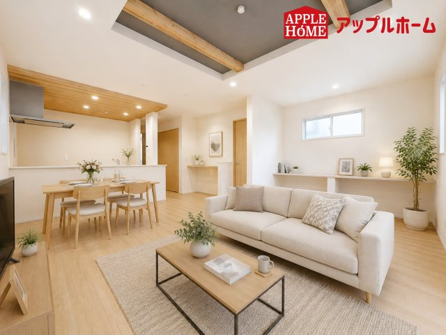 さいたま市見沼区大谷の居間・リビング|広々リビング×対面キッチンで家族の会話も弾みます♪家族団らんの秘訣は間取りにあり☆夢のマイホームを一緒に叶えましょう！
※家具はCGです