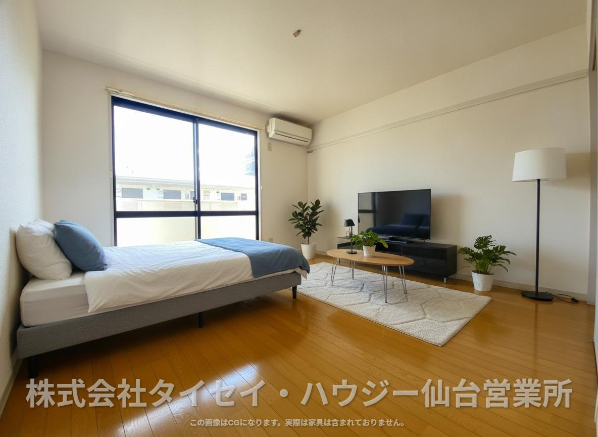グレース萩野町　Ｂ棟の居間・リビング|AIのCG作成イメージであり、実際に現地に家具は置かれていません