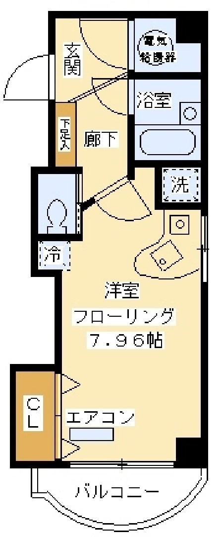 シロス蓮沼の間取り|南向きバルコニー角部屋洋室7.9帖バストイレ別の1R ワンルーム
